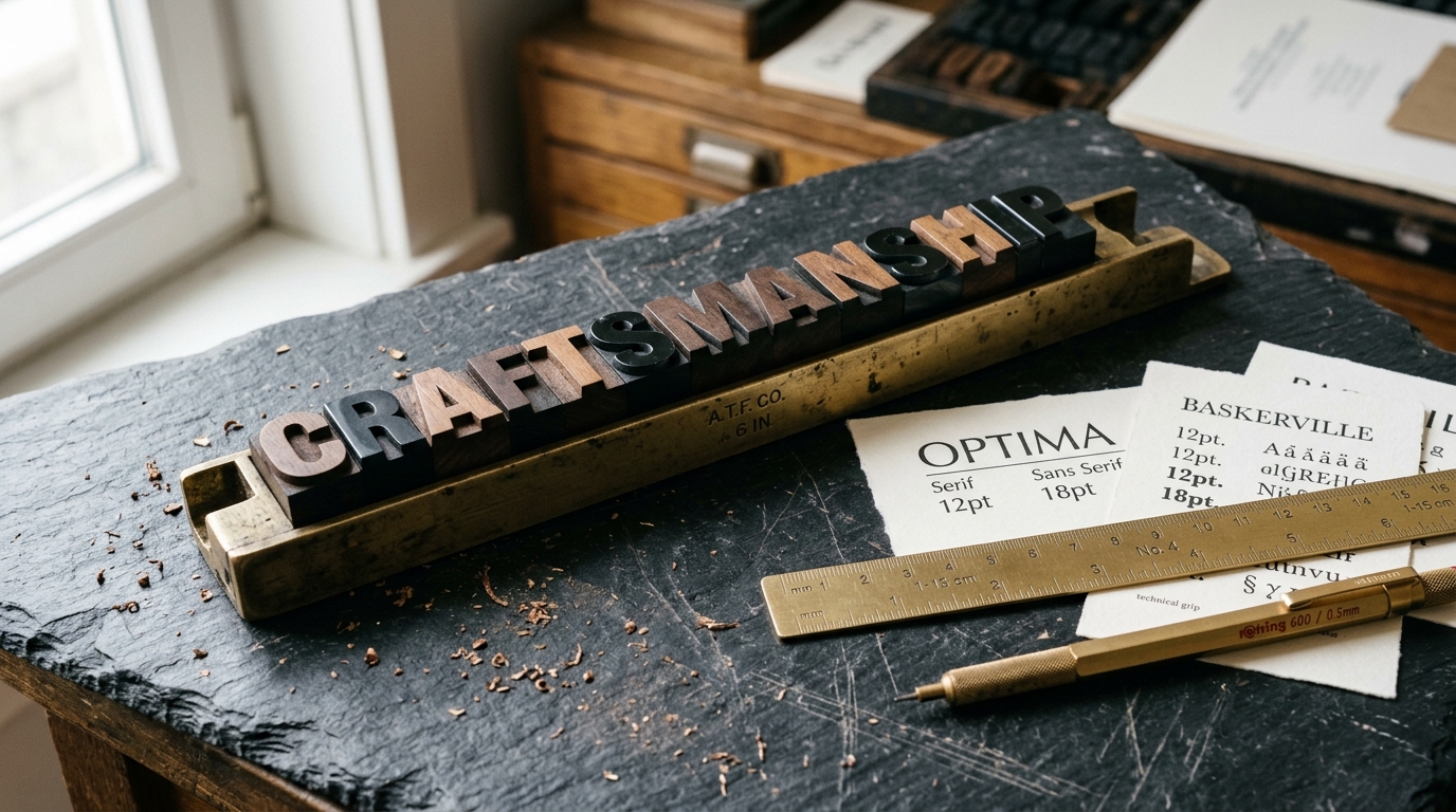 Letterpress metal type blocks in a vintage brass composing stick spelling out CRAFTSMANSHIP on dark chipped slate.