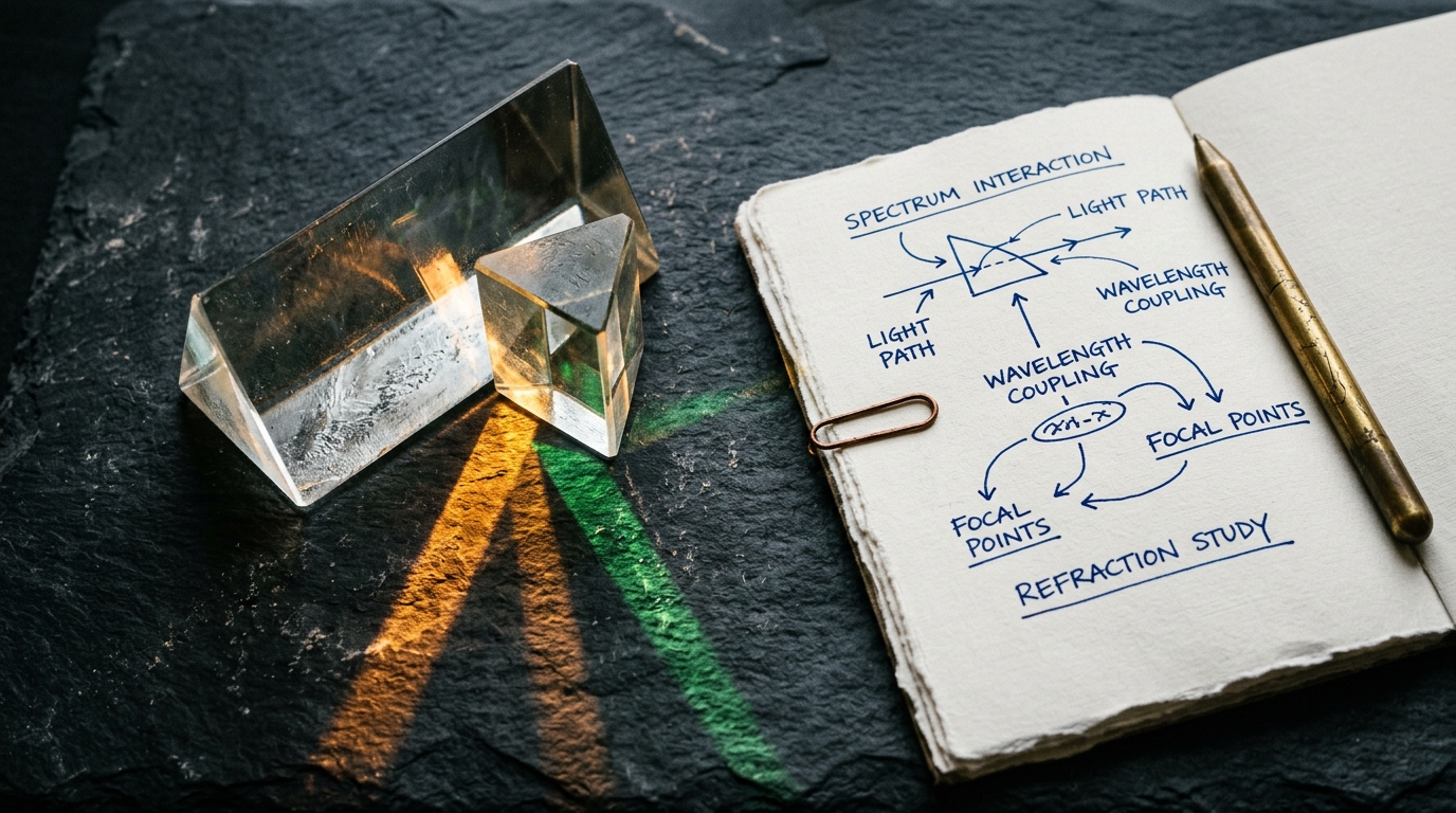 Optical glass dispersion prisms refracting amber and emerald light beams across raw slate beside an open deckle-edge notebook.
