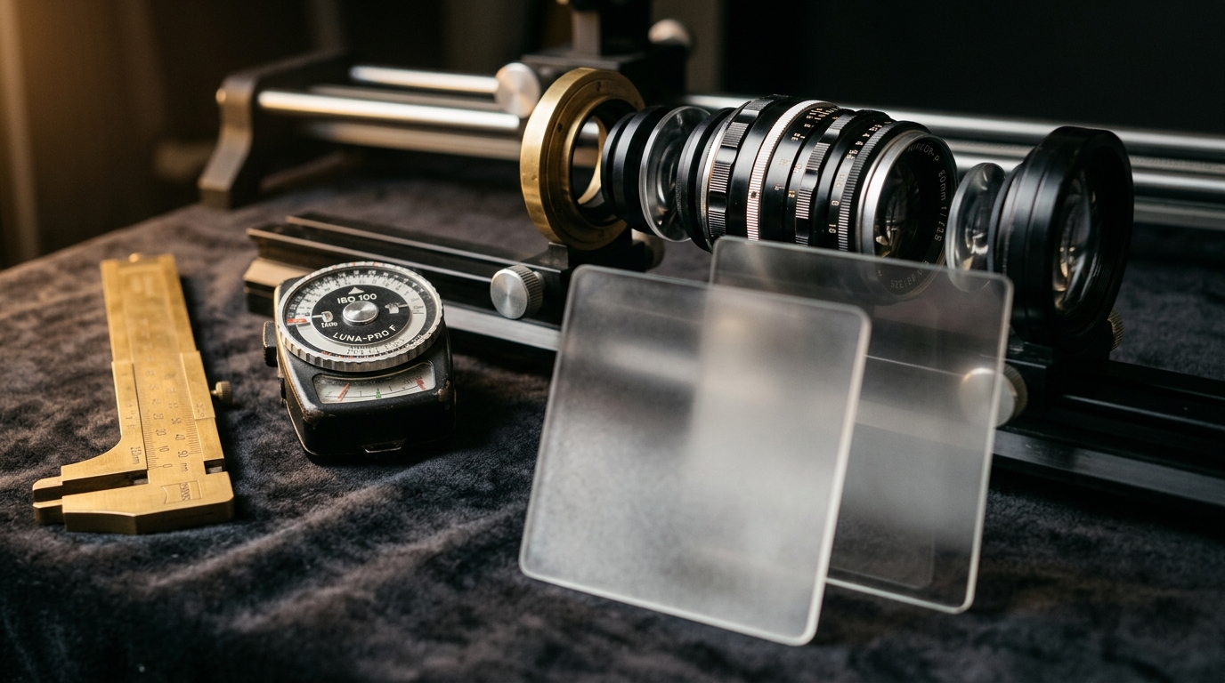 Disassembled optical bench with precision coated camera lens elements, brass vernier caliper, and optical glass filters on dark velvet.