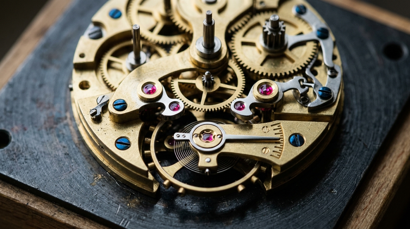 Precision brass mechanical clockwork escapement mechanism with balanced counterweights and polished ruby jewel bearings on dark oiled gunmetal.